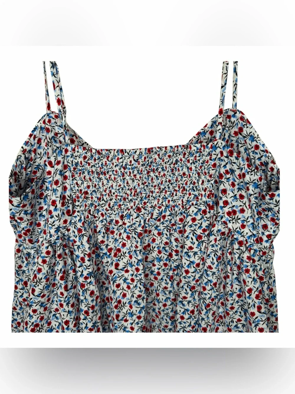 J. Crew White Floral Midi Dress with Red and Blue Accents